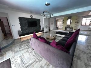 Villa Annjo في بوينتي أو بيتشيز: غرفة معيشة مع أريكة ومدفأة