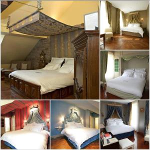 a collage of four pictures of a bedroom with two beds at L'An2 in Phalsbourg
