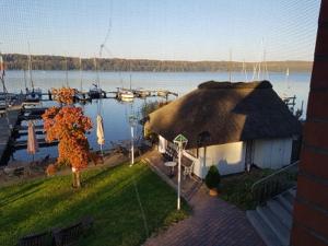 a house with a thatched roof next to a body of water at Hotel am See Römnitzer Mühle in Römnitz