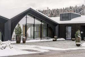 a house with a black roof in the snow at Hotel Milla Montis in Maranza