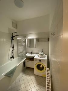 een kleine badkamer met een wasmachine en een wastafel bij Gesamte Unterkunft in Zentrumsnähe in Wenen