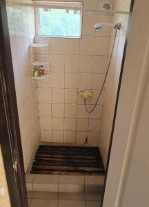 uma pequena casa de banho com chuveiro e dreno em Київська Чайка Коблево em Sychavka
