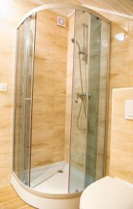 a shower with a glass door in a bathroom at Słoneczna Hytte in Brenna