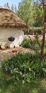 una parrilla frente a un jardín con flores en Le Petit Pavillon en Cheverny