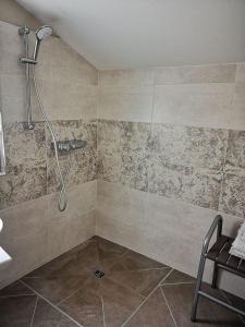 uma casa de banho com um chuveiro e uma parede em azulejo em Le Petit Pavillon em Cheverny