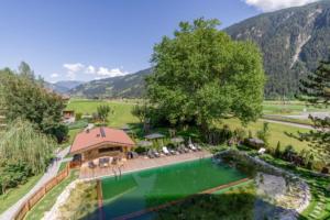 an aerial view of a swimming pool with a house at Hotel Garni Birkenhof in Mayrhofen