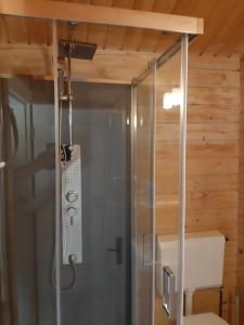 eine Dusche in einem Raum mit Holzdecke in der Unterkunft kemphaan in Appelscha + 36 Fotos