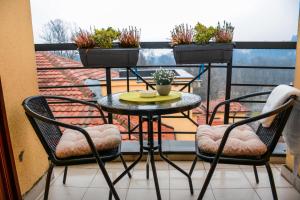 d'une table et de chaises sur un balcon orné de plantes. dans l'établissement Apartman In Lux, à Vrnjačka Banja