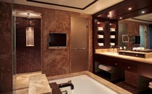 a bathroom with a tub and a tv on the wall at Hyatt Regency Kyiv in Kyiv