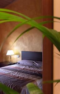 1 dormitorio con cama y planta en Casa rural Legus Belikiom, en Belchite