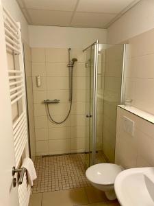 a bathroom with a shower and a toilet and a sink at Lindenhaus Scharfe Kurve 