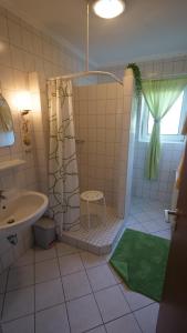 a bathroom with a shower and a sink and a toilet at Ferienwohnung-Amanda-2 in Bad Zwischenahn +12 photos