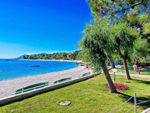 a park with a tree and benches on a beach at Apartman IT Vila Vesa Promajna in Promajna