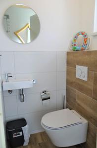 a bathroom with a white toilet and a mirror at Vakantiewoning Zandkreek in Kortgene