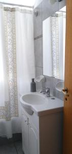 baño con lavabo y cortina de ducha en Casa Nona Rosa en San Carlos de Bariloche