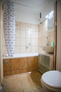 uma casa de banho com um chuveiro, um WC e um lavatório. em Otthon-Laksz apartman em Nyíregyháza