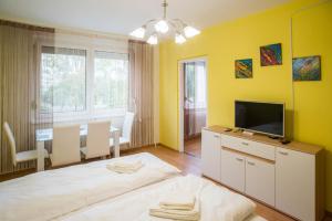 um quarto com uma cama, uma televisão e uma mesa em Otthon-Laksz apartman em Nyíregyháza