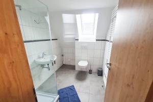 a small bathroom with a sink and a toilet at Work & Stay apartment Vohburg near Ingolstadt in Vohburg an der Donau +10 photos
