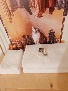 a cat sitting on top of a table with towels at Welcome Guests in Tbilisi City
