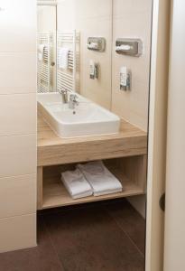 La salle de bains est pourvue d'un lavabo et d'un miroir. dans l'établissement Burg Rooms - 24h Self-Check-in, à Spielberg