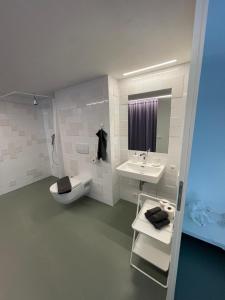 a white bathroom with a toilet and a sink at Main Station Design Loft Style Apartment in Innsbruck