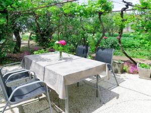 ein Tisch und Stühle mit einer Blumenvase drauf in der Unterkunft Holiday Home Marijana - ZAD500 by Interhome in Sukošan
