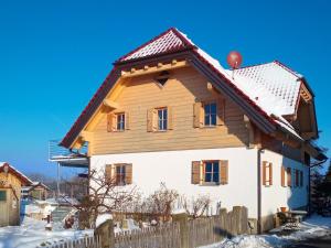 a house with a wooden roof in the snow at Apartment Fichte in Schönbronn