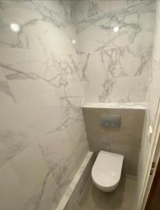 a bathroom with a white toilet and marble walls at Chalet style apartment 50m2 terrasse in Chamonix-Mont-Blanc