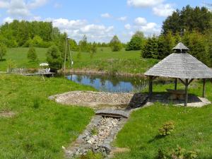 a small pond with a picnic table and an umbrella at Holiday Home Sianowska Huta by Interhome in Sianowska Huta