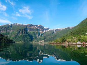 Arnefjord的住宿－Holiday Home Johans Maria stova - FJS606 by Interhome，水面上反射的山峰景色