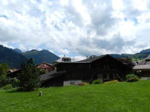 a black barn in a field with mountains in the background at Apartment Gletscherhorn II - Tapia by Interhome in Zweisimmen