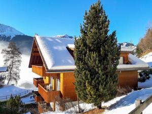 a log cabin in the snow with a christmas tree at Apartment Goldenhorn by Interhome in Wengen