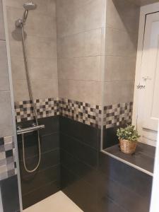 ein Bad mit einer Dusche mit schwarzen und weißen Fliesen in der Unterkunft Apartment Market Square in Cardona