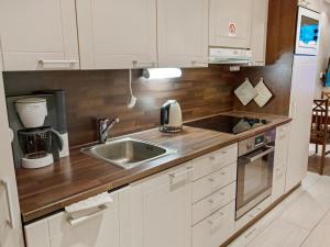 a kitchen with white cabinets and a sink at Holiday Home Yllästar 3 as 509 by Interhome in Äkäslompolo