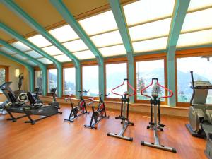 einen Fitnessraum mit Laufbändern und Crosstrainern in der Unterkunft Apartment Mondzeu b260 by Interhome in Verbier