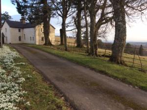 a road in front of a white house with trees at Holiday Home Wester Riechip by Interhome in Dunkeld