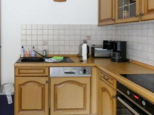 a kitchen with wooden cabinets and a counter top at Holiday Home Landhaus Inselsee by Interhome in Mühl Rosin +16 photos