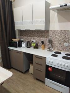 cocina con fogones y encimera en 2- х комнатные апартаменты на Олимпийской Зима-Лето en Kirovsk
