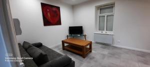 ein Wohnzimmer mit einem Sofa und einem Tisch in der Unterkunft Nouveau à Cuisery appartement 70m2 in Cuisery