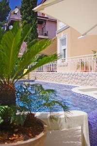 a pool with palm trees next to a building at Guest House Villa Dagmar in Crikvenica