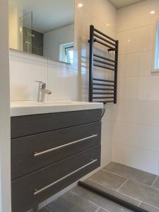 een badkamer met een wastafel en een spiegel bij Prachtig vakantiehuisje in Putten in Putten