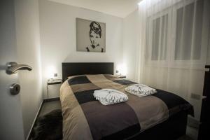 1 dormitorio con 1 cama con 2 almohadas en KoVeL apartmani - Termalna Rivijera, en Bogatić