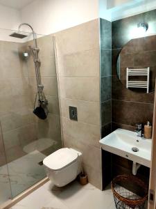 a bathroom with a toilet and a shower and a sink at Black&White Suites in Craiova