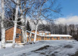 a large wooden house in the snow with trees at The Lodge by Sunapee Stays in Sunapee