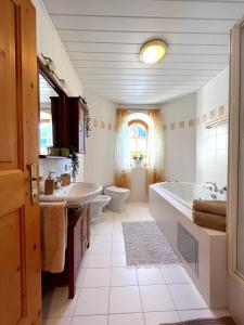 a bathroom with a tub and a toilet and a sink at Alpenliebe in Bad Kleinkirchheim
