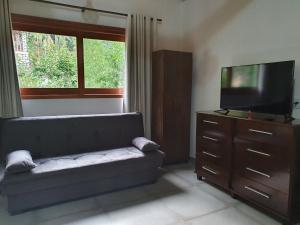 a living room with a couch and a flat screen tv at Loft Pé na Serra in Cachoeiras de Macacu