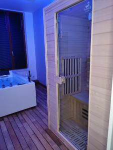 een badkamer met een bad en een douche met een raam bij Ô Cœur de Troyes - Bulles & Spa 4 étoiles in Troyes