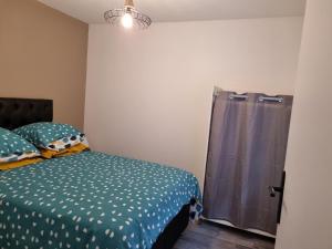 ein Schlafzimmer mit einem Bett und einer Dusche in der Unterkunft Agréable maisonnette à proximité du centre-ville in Oyonnax