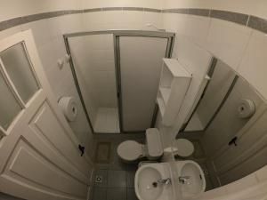 a bathroom with a toilet and a sink and a mirror at Escarabajo Hostel in Valparaíso +20 photos