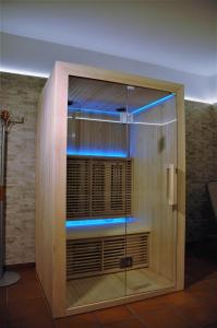 ルッカにあるVilla Camilla - WIDE - EXCLUSIVE POOLのバスルーム(青い照明付きのガラス張りのシャワー付)
